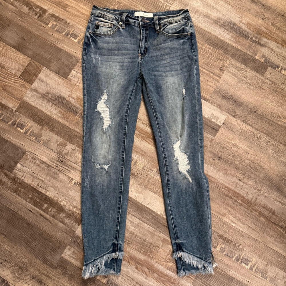 KanCan Distressed Skinny Jeans Raw Frayed Hem Size 7/27 Stretch Denim